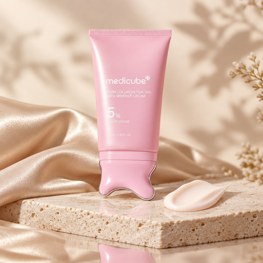 Collagen gua sha neck cream with built-in curved applicator on ivory stone