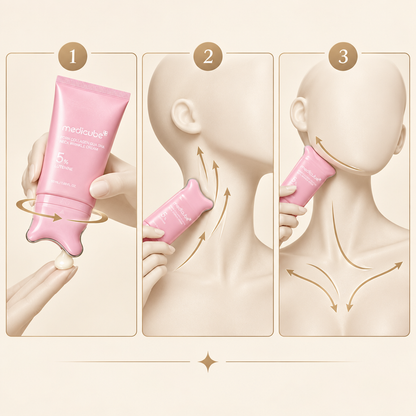 Faceless instructional illustration showing upward gua sha massage directions on the neck and jawline