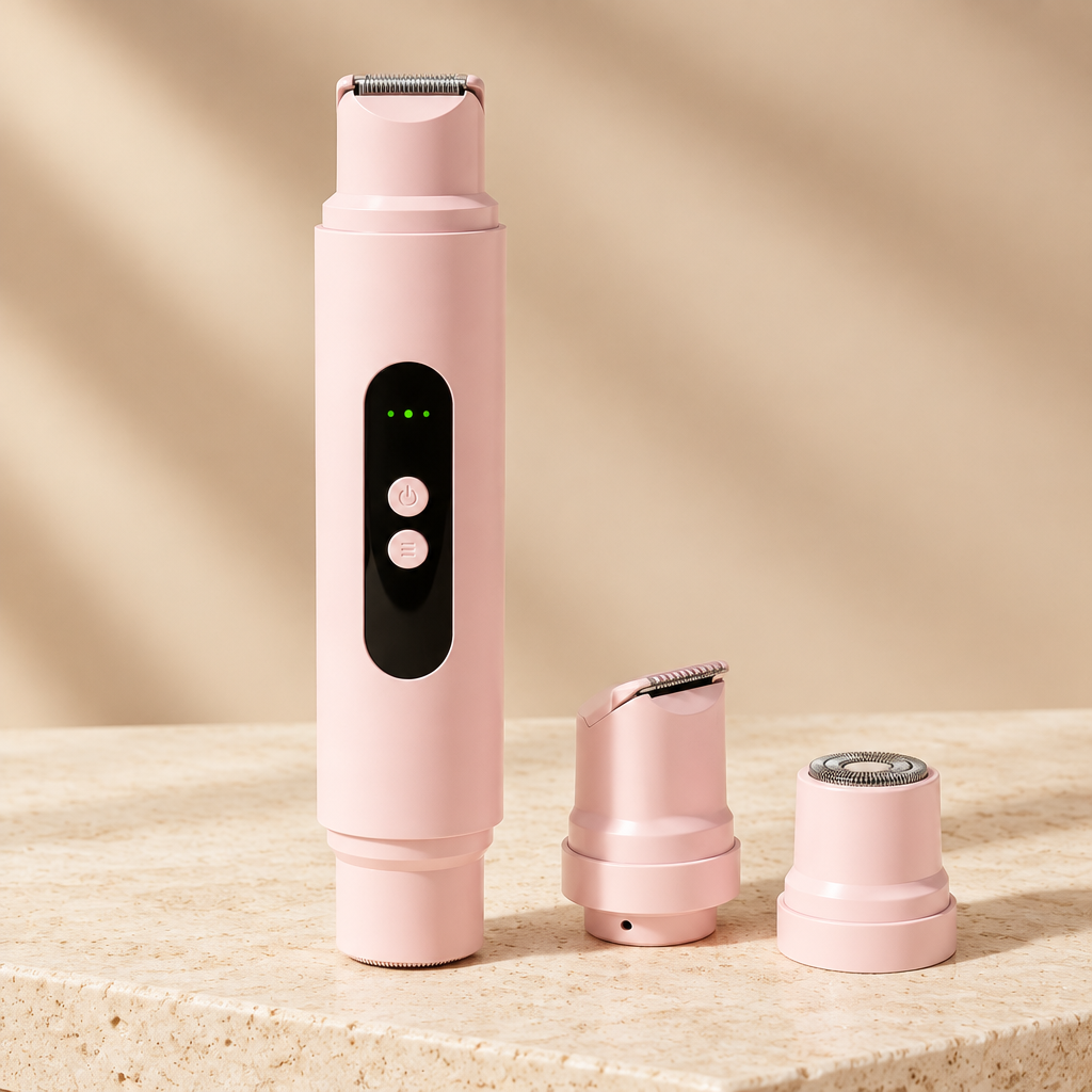 Pink 2-in-1 electric razor close-up on an ivory surface
