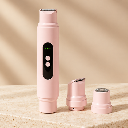 Pink 2-in-1 electric razor close-up on an ivory surface